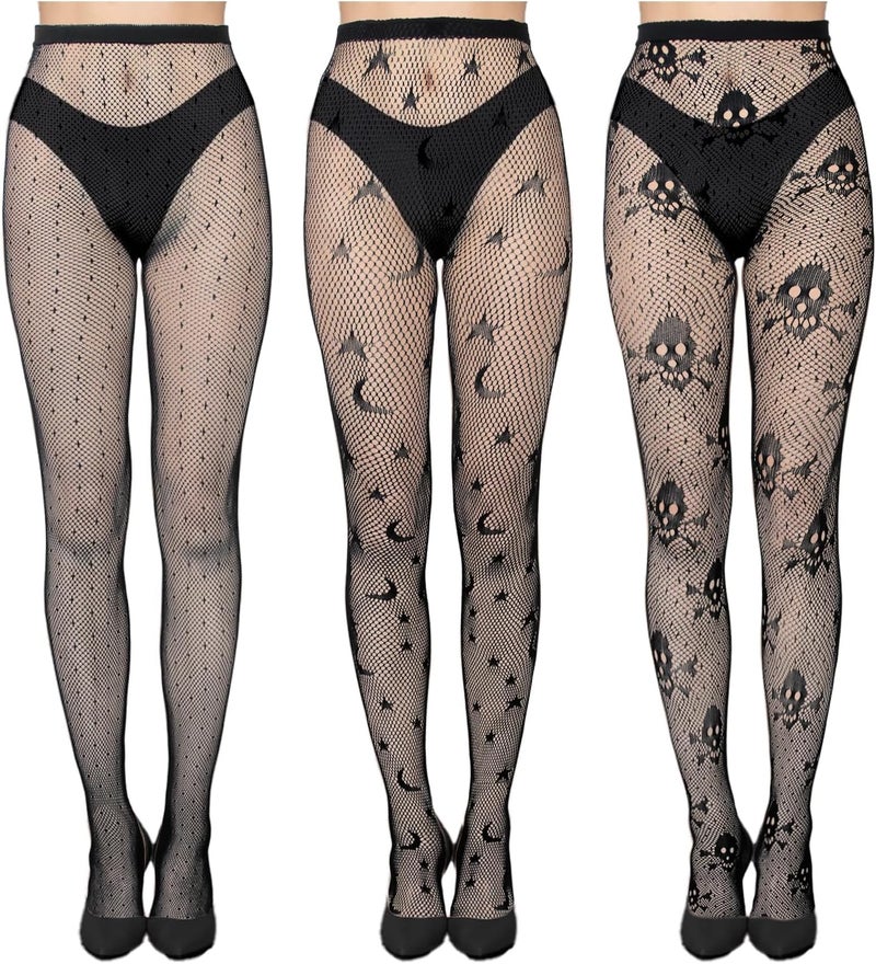 AIBFRID 3 Packs Halloween Pattern Tights for Women Black Lace Tights Fishnet Stockings Gothic Party Hosiery - Image 1